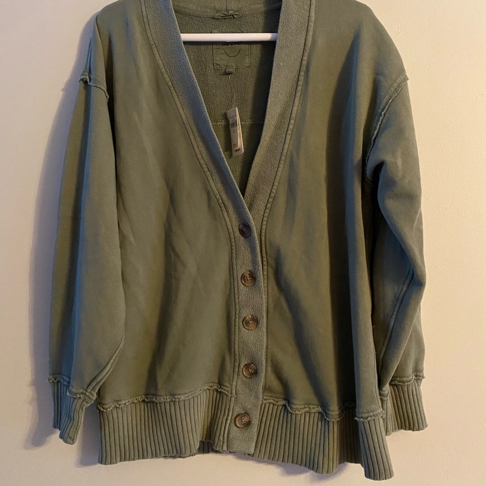 Aerie Fleece Button-Up Cardigan in Olive Fun - Picture 3 of 7